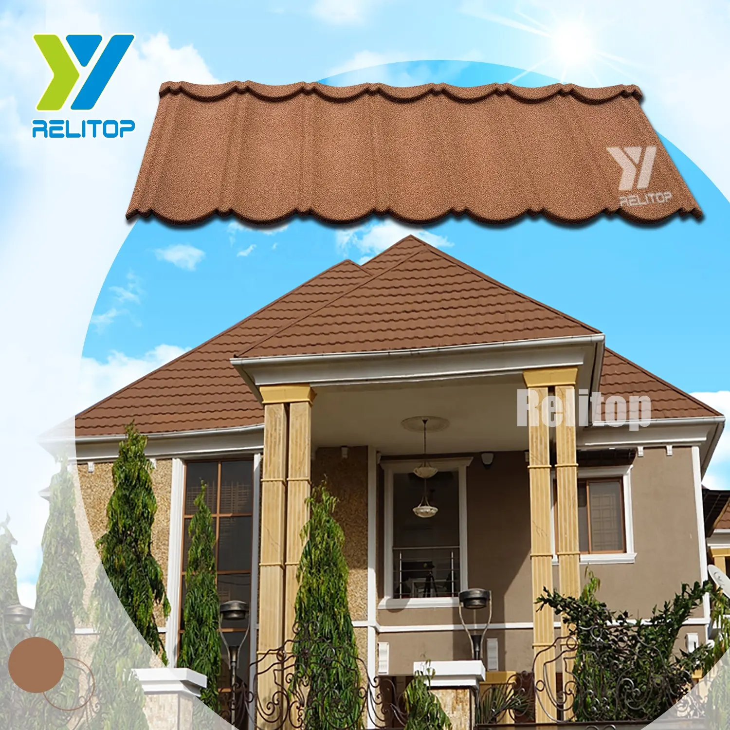 Relitop Trang Trí Vật Liệu Xây Dựng Màu Cà Phê Lợp Đá Tráng Kim Loại Roof Tiles Tấm Lợp Kim Loại