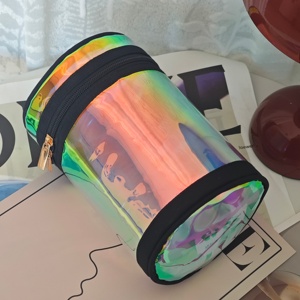 High End Cylinder Round Shape PVC <b>Bag</b> Laser Holographic Gradient Waterproof 10 inches <b>Makeup</b> <b>Bag</b> Women <b>Bag</b> - Product Image 3