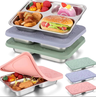 Assiette à dîner en acier inoxydable 304 écologique et non toxique avec 4 compartiments, compatible lave-vaisselle, design rectangulaire durable avec couvercle