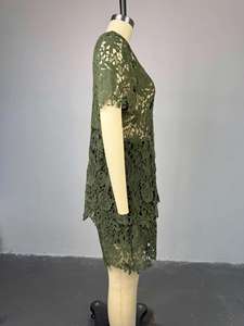 جودة عالية الصيف المرأة جوفاء بلون واحد قميص الدانتيل والسراويل القصيرة طقم من قطعتين - Product Image 2