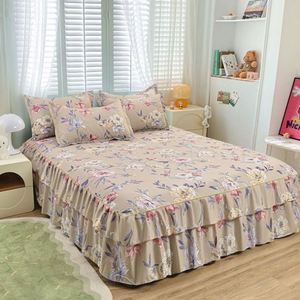 Double Layer Floral Printed 100% Polyester 100TC 30 Count Washable All-Season Bilateral <b>Bed</b> Skirt <b>Set</b> - Product Image 4