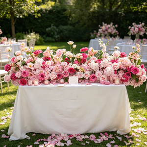 DKB Wholesale Handmade High Simulation Artificial Flower Row Pink Silk Floral Runner Table Centerpiece Wedding Decor Party - Product Image 1