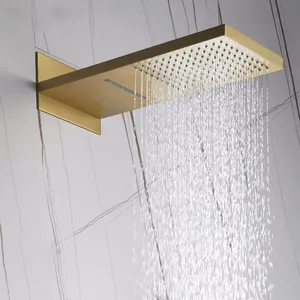 Ensemble de robinets de douche 3 fonctions, de luxe, en laiton, avec effet cascade, or brossé, pour salle de bains