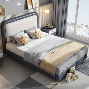 Cama moderna minimalista de dibujos animados para niños, cama de almacenamiento de cuero suave de madera para niños, <span class=keywords><strong>dormitorio</strong></span> para niños y niñas - Product Image 2