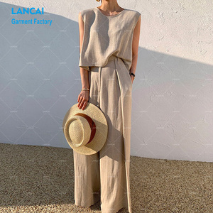 Lancai Ensemble d'été en <span class=keywords><strong>lin</strong></span> deux pièces personnalisé pour femmes avec haut sans manches et pantalon décontracté taille haute Costume élégant - Product Image 1