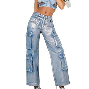 Pantalon Boyfriend Extensible Tendance Streetwear pour Femme, Jean Droit en Coton <span class=keywords><strong>Argent</strong></span>é de Créateur pour Femme - Product Image 1