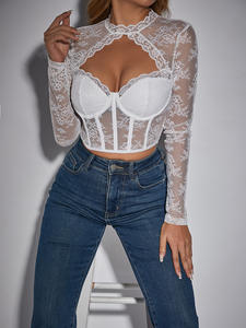 Camisetas de encaje <span class=keywords><strong>con</strong></span> cuello redondo para mujer, camisetas de manga Sexy ahuecadas, ropa desnuda, ropa de calle femenina, <span class=keywords><strong>blusas</strong></span> ajustadas a <span class=keywords><strong>la</strong></span> moda - Product Image 3