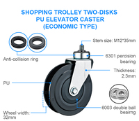 Roues pivotantes pour chariot de supermarché 4 ''5'' à usage moyen Chariot de marché Roulettes d'ascenseur en PU à deux disques Roues pour chariot d'achat