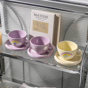 Tasse à café et assiette en céramique arc-en-ciel, tasse à lait mignonne pour fille, tasse de petit-déjeuner, ensemble de vaisselle pour la maison - Product Image 3