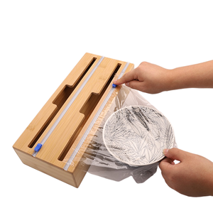 Wax Paper Foil Box Wooden Bamboo Cling Food Roll Organizer Holder Aluminum Bamboo Wrap Dispenser With Cutter