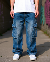 Jean cargo bleu délavé pour homme, coupe large, taille mi-haute, fermeture éclair, décontracté, avec plusieurs poches, personnalisable