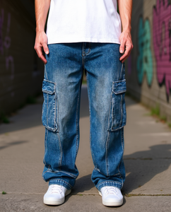 Jean cargo bleu délavé pour homme, coupe large, taille mi-haute, fermeture éclair, décontracté, avec plusieurs poches, personnalisable - Product Image 3