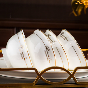 Service de vaisselle en porcelaine fine avec bordure dorée et motif double ligne, ensemble de bols et assiettes en porcelaine <span class=keywords><strong>blanche</strong></span> pour hôtel, restaurant et maison - Product Image 4
