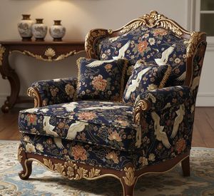 Tissu d'ameublement imprimé fleurs et grues de qualité supérieure au mètre – Motif élégant oiseaux et fleurs pour fauteuil - Product Image 2