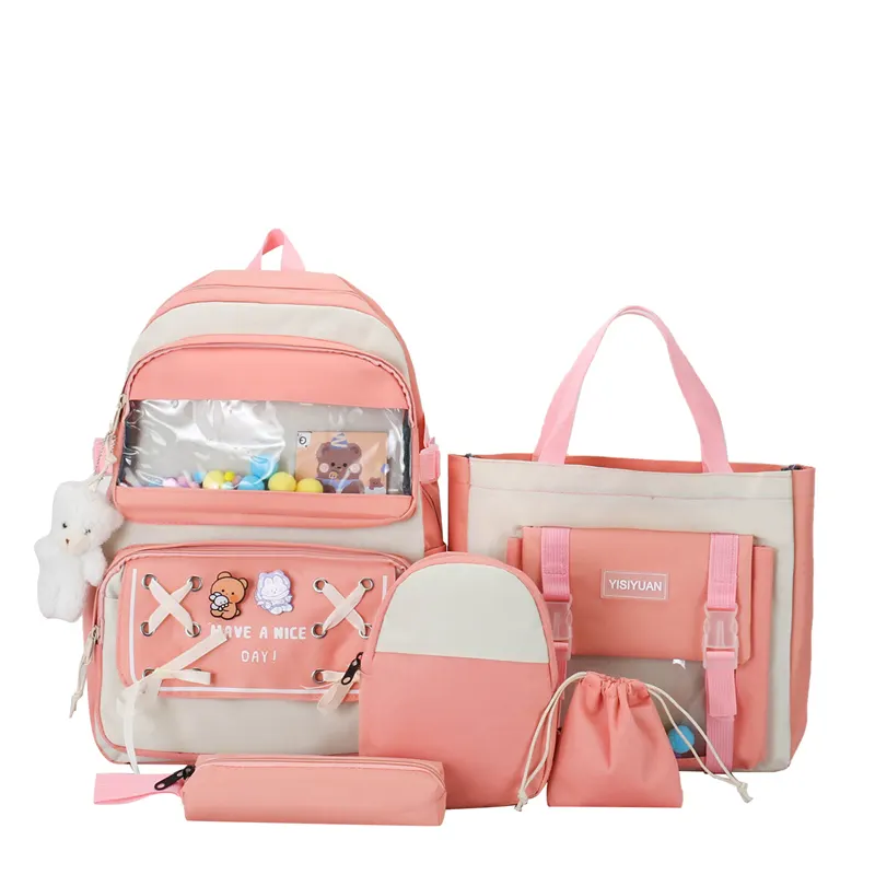 Hot sale Cute quality canvas school bag leisure girl fashion 5 set backpack high Students handbag