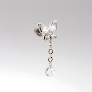 Copper CZ Dangle <b>Piercing</b> <b>Earrings</b> with Butterfly Heart Cross Charms | Stainless Steel Barbell Cartilage Jewelry for Women - Product Image 1