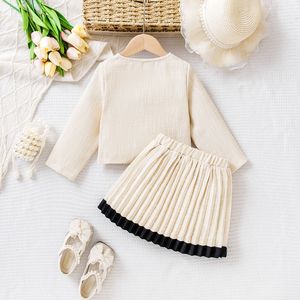 Ensemble de vêtements pour petite fille, style européen, écologique, respirant, printemps-été, cardigan à nœud, jupe plissée, tricot en coton, 3-8 ans - Product Image 4