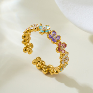 Flower Open <b>Ring</b> Adjustable Index <b>Finger</b> <b>Ring</b> With Enamel And Pave Setting For Gift Jewelry - Product Image 1
