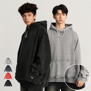 Sweats à capuche en molleton vierge surdimensionné à logo personnalisé sans ficelle broderie poids lourd vêtements de rue sweats à capuche pour hommes lavage à l'acide uni - Product Image 3