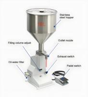 Machine de remplissage pneumatique de pâtes avec trémie en acier inoxydable, volume réglable, commande à pédale, haute précision pour flacons et sachets de boissons