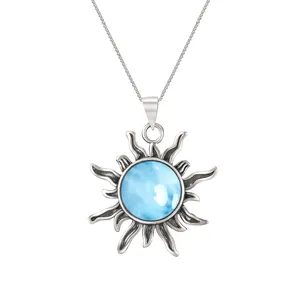 Ý Nghĩa New Arrival S925 Sterling Silver Trang Sức Đẹp Mặt Trời Tự Nhiên Shape Blue Larimar Charm Mặt Dây Chuyền Vòng Cổ Cho Phụ Nữ