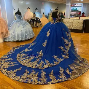 Off Shoulder Ball Gown Corset Birthday Party Dress Applique Beads Vestidos De 15 Gold Lace Royal Blue Quinceanera Dresses MQ707