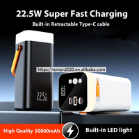Premium RGB Light PD 22.5w Power Bank à charge rapide 50000mah avec câble rétractable de type C éclairage coloré