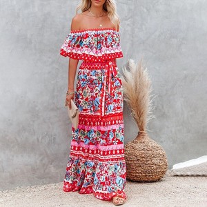 2024 Primavera E Verão Novo Um Ombro Saffron Impresso Longo Grande Balanço Vestidos - Product Image 6