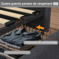 Cadre de lit en tissu gris avec éclairage LED RGB, télécommande via application, chargement USB Type C, 4 tiroirs et rangement dans la tête de lit, taille Queen