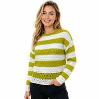 Pull en tricot à col rond pour femme, à manches longues, à motif jacquard rayé, décontracté, avec trous au crochet