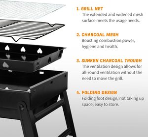Parrilla de Carbón Portátil Plegable de Diseño Moderno, Acabado Cromado, Dispositivo de Seguridad contra Llamas, Capacidad para 2-3 Personas, Uso en Exteriores, Color Negro - Product Image 3