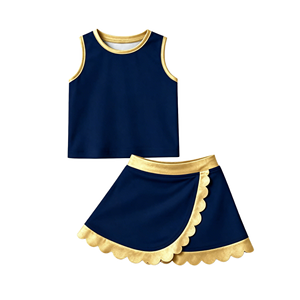 GSD4107 Ensemble d'été personnalisé pour petite fille active, jupe bleue unie à rayures argentées, tenue pour enfants, ensemble à manches courtes - Product Image 6