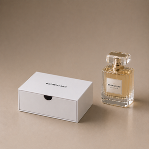 Boîte à parfum personnalisée avec tiroir, design découpé au laser, logo noir imprimé, boîte cadeau rigide en papier couché - Product Image 1