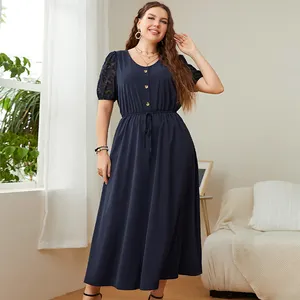 Hanni Plus Size Clothing Solid Button Front Lace Puff Sleeve Dress Women Elegant High Waist A-line Casual Summer Long Dresses