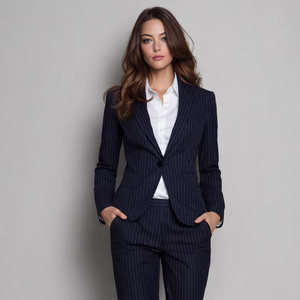Traje de Blazer y Pantalones Ajustados a Rayas Azul Marino para Mujer, Conjunto Elegante y Formal para Oficina, Traje de Pantalón Profesional Chic de Estilo Moderno - Product Image 1
