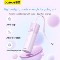 Baseus Reactor Air 2-en-1, batterie externe avec câble Type-C intégré, 4800mAh, charge rapide PD20W, ultra-mince, compacte, portable