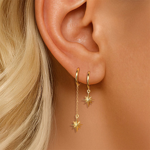 Boucles d'oreilles pendantes asymétriques en argent sterling S925 style AB, motif étoile à huit branches géométrique minimaliste avec pompon - Product Image 5