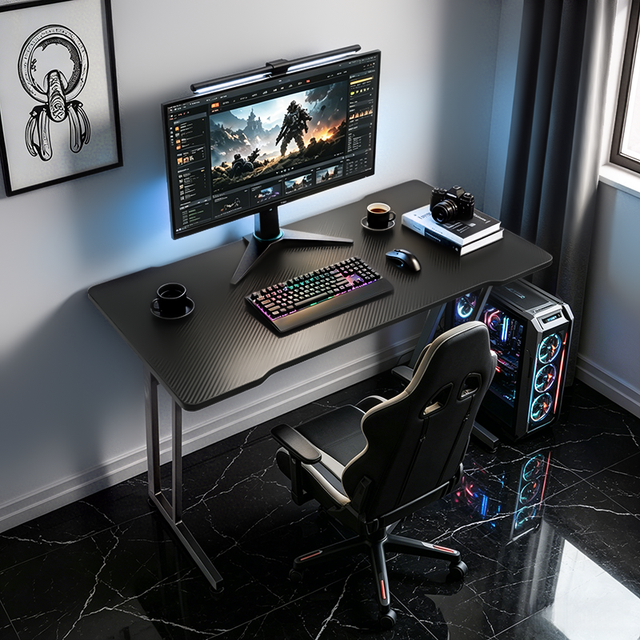 Z-Shape Gaming Computer Desk Black Carbon Fiber Desktop Gaming Table for Bedroom & Office