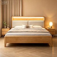 Cama Moderna de Madera Maciza de Roble con Cabecera LED Suave, Puerto de Carga USB y Almacenamiento, Estructura de Cama Doble para Dormitorio