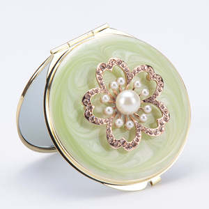 Luxury Jeweled <b>Compact</b> <b>Mirror</b> Gold Metal Enamel Flower Rhinestone Pearl 1X 2X Magnifying Dual Sided HD Pocket Makeup <b>Mirror</b> - Product Image 4