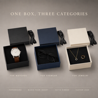 Boîte d'emballage cadeau en carton personnalisée avec logo pour bijoux, montres, lunettes, avec insert en mousse noire et ruban en satin, vente en gros