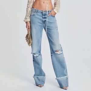 กางเกงยีนส์สีน้ำเงินขายดี ทรงบอยเฟรนด์ เอวกลาง แต่งรอยขาดที่เข่า สำหรับผู้หญิง - Product Image 3