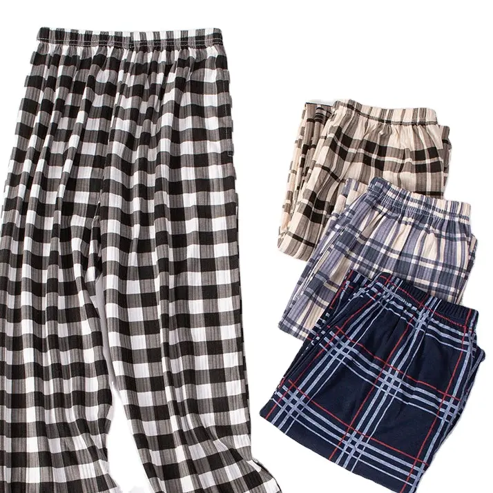 Men's Plaid Printed Straight Pants Drawstring Pajama Trousers Thin Comfortable Sleep Bottoms