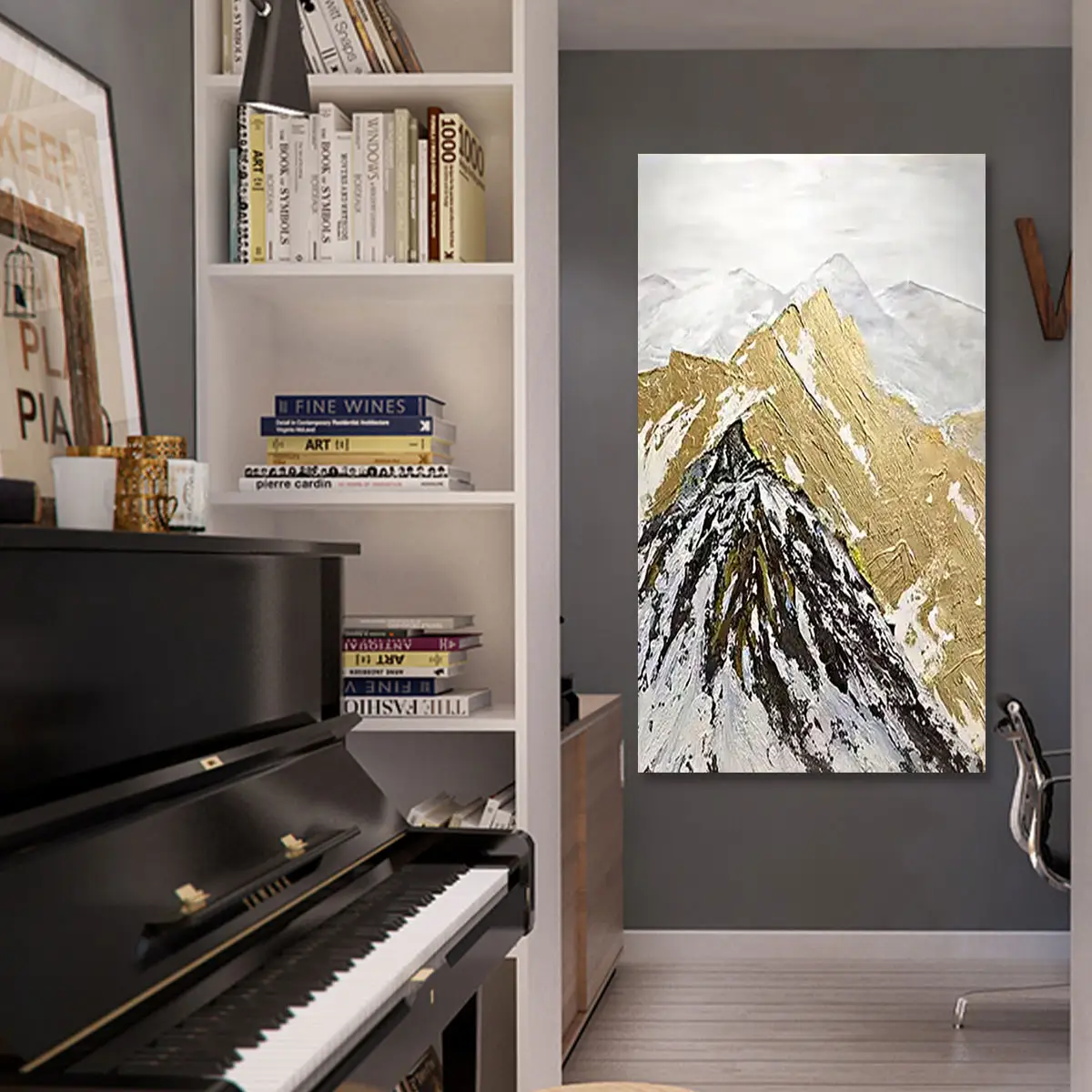 Arte Original pintado a mano paisaje de montaña sobre lienzo 100% con lámina de oro Natural decoración de pared pintura hecha a mano