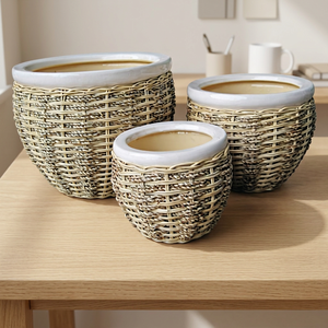 Ensemble de 3 pots à fleurs en argile émaillée écologiques faits à la main, modernes, avec trou de drainage, noir et marron, pour l'intérieur et l'extérieur - Product Image 1