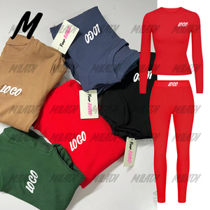 カスタムロゴ入りリブ編みコットン2ピースニットセット レディース 2024年秋色 冬 レディース ロングシャツとレギンスのセット ラウンジウェアセット - Product Image 3