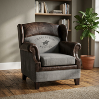 Fauteuil Charleston Polo Chesterfield en cuir véritable, style traditionnel, pour salon, avec pieds en bois