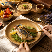 Assiette de dîner en porcelaine bohème faite à la main, durable, rétro, jaune-brun, avec glaçure de four et dentelle, bol à salade Wabi-Sabi pour usage domestique et commercial