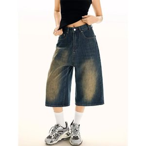 Pantalon court en jean <span class=keywords><strong>noir</strong></span> style américain pour <span class=keywords><strong>femme</strong></span>, coupe droite décontractée mi-longue, en polyester/coton délavé, grande taille, idéal pour l'été - Product Image 5