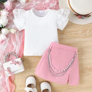 Wholesale 2024 Summer Luxury Baby Girls Clothing Flying Sleeve Top Irregular Skirt Pearl Chain Suit 2Pcs Clothes For Young Girls